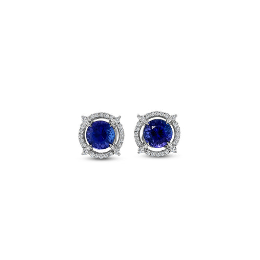 Main Image: "3.70ct Round Tanzanite & Diamond Halo Stud Earrings" Tanzanite Detail: "Vibrant Round Tanzanite Gemstone" Diamond Halo: "Halo of Diamonds Surrounding Tanzanite" Earring Set: "Elegant Set of Tanzanite & Diamond Stud Earrings" Liner Options: "Earrings with Different Open Liners for Customization" Radiant Beauty: "Sparkling Tanzanite & Diamond Halo Stud Earrings"