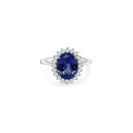 Main Image: "2.90ct Oval Tanzanite & Floral Diamond Halo Ring" Tanzanite Detail: "Oval-Cut Tanzanite Gemstone" Floral Halo: "Intricate Floral Diamond Halo" Ring Profile: "Profile View of Tanzanite & Diamond Ring" Custom Liners: "Ring with Different Open Liner Options" Timeless Beauty: "Elegant Oval Tanzanite Ring with Floral Halo"