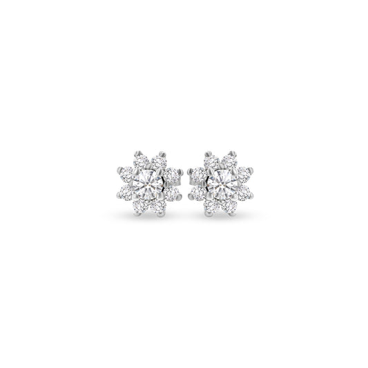 Round brilliant floral diamond stud earrings, sparkling flower-shaped diamond studs, elegant floral design diamond earrings, classic round-cut diamond studs with a floral twist, timeless floral motif diamond stud earrings, exquisite round brilliant diamonds in floral arrangement, dazzling flower-inspired diamond stud earrings, stunning floral cluster diamond studs, delicate round-cut diamonds in a floral setting, sophisticated and radiant floral diamond stud earrings