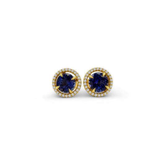 Exquisite round Tanzanite stud earrings, surrounded by a dazzling halo of brilliant diamonds. Elegant jewelry for special occasions, featuring vibrant Tanzanite gems and sparkling diamond accents. Stunning halo design, showcasing the beauty of round Tanzanite stones, complemented by the brilliance of diamonds. Perfect accessories to add a touch of glamour and sophistication to any ensemble