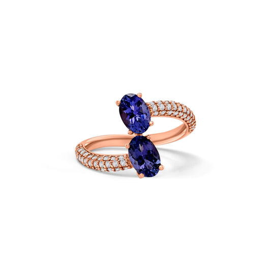 Two-stone oval tanzanite and diamond ring, elegant tanzanite and diamond ring, exquisite tanzanite and diamond jewelry