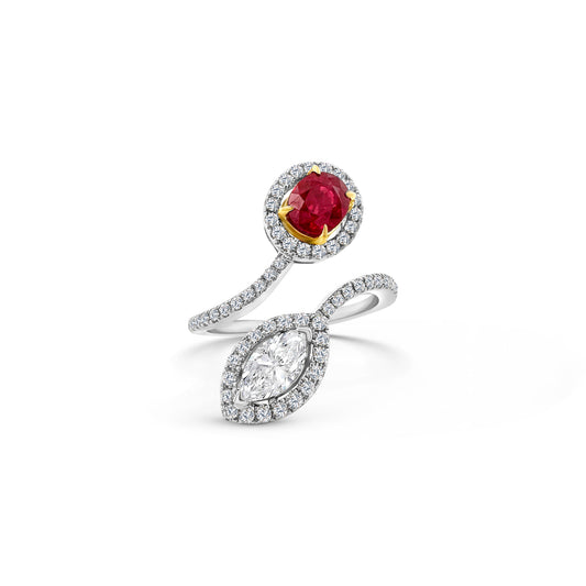Oval ruby ring, Marquise diamond ring, Halo ring, Gemstone jewelry, Fine jewelry, Red ruby, Brilliant diamonds, Elegant design, Statement piece, Luxury accessories