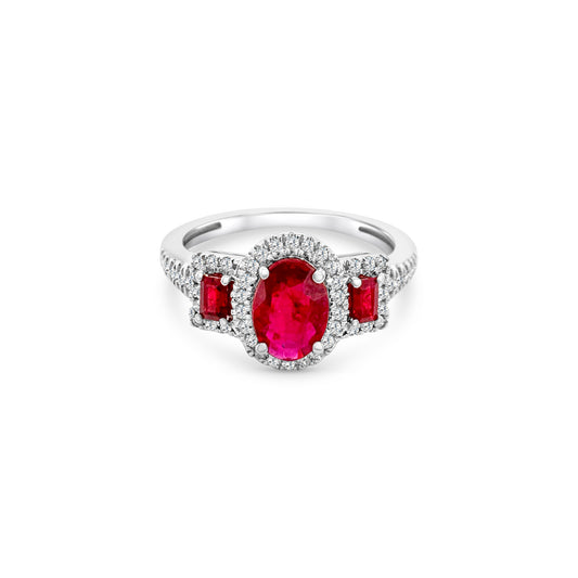 "Ruby & Diamond Trilogy Halo Ring, exquisite ruby ring, stunning diamond ring, elegant halo ring, luxurious gemstone ring, statement jewelry piece, breathtaking ruby and diamond ring, dazzling gemstone halo ring, fine jewelry masterpiece, exquisite ruby and diamond jewelry, high-quality gemstone ring"