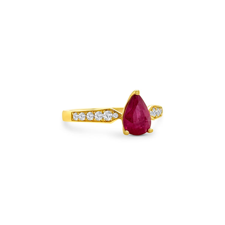 "A stunning pear-shaped ruby engagement ring," "Featuring a sparkling diamond-studded band," "Elegant and timeless design," "Perfect for special occasions or everyday wear," "Exquisite craftsmanship and attention to detail," "A symbol of love and commitment," "Sure to capture attention and admiration."