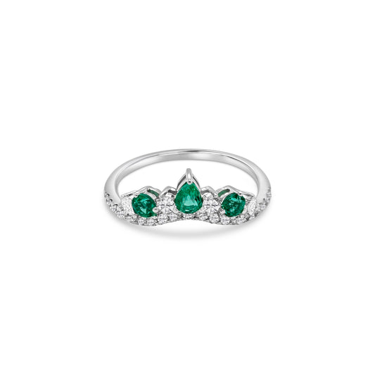 A stunning Pear & Round Emerald & Diamond Halo Ring, featuring exquisite emeralds and dazzling diamonds, perfect for special occasions or everyday elegance