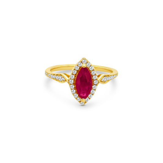 "Marquise Ruby Diamond Ring, Ruby Solitaire Ring, Diamond Halo Ring, Marquise Cut Ruby Ring, Diamond Accented Ring, Halo Engagement Ring, Gemstone Halo Ring, Ruby and Diamond Jewelry, Fine Jewelry, Statement Ring, Elegant Ruby Ring, Luxury Engagement Ring"