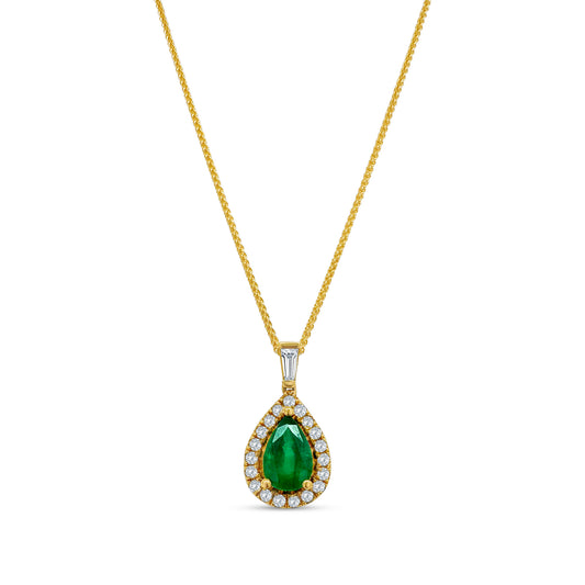 Emerald pendant, Halo diamond pendant, Pear shape jewelry, Gemstone pendant, Jewelry with diamonds, Elegant necklace, Green gemstone pendant, Luxury accessory, Statement jewelry, Sparkling pendant