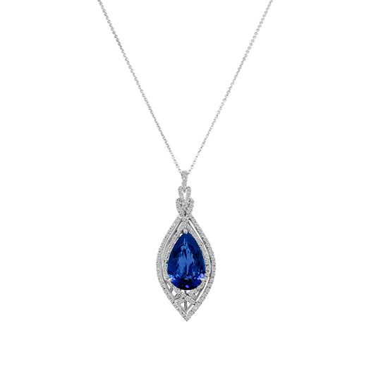 Pear shape tanzanite pendant, elegant tanzanite and diamond jewelry, luxurious gemstone pendant, stunning tanzanite necklace, exquisite pear-cut pendant, sparkling diamond accent pendant, sophisticated gemstone jewelry.