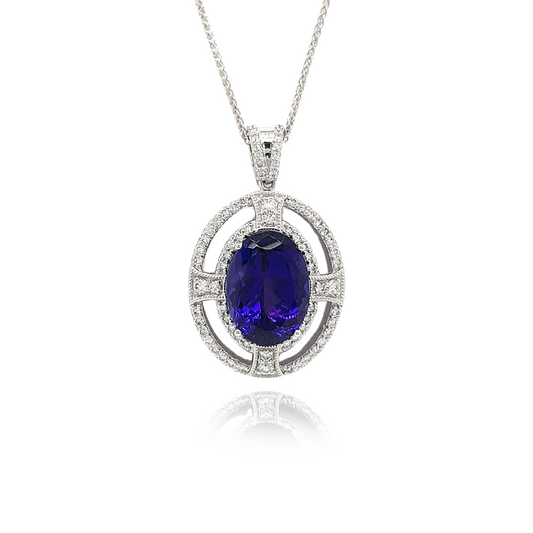  Oval Tanzanite, Halo Diamond Pendant, Gemstone Jewelry, Elegant Necklace, Fine Jewelry, Luxury Accessories, Statement Piece, Precious Stones, Special Occasion, Gift for Her, Glamorous Design, Sparkling Diamonds, Sterling Silver Setting, Exquisite Craftsmanship, High-Quality Materials