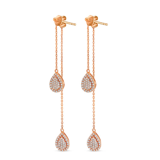 Pear Shape Illusion Drop Diamond Earrings, elegant jewelry, diamond-studded earrings, sophisticated design, sparkling pear-shaped drops, eye-catching illusion setting, luxurious accessory, glamorous style, exquisite craftsmanship, radiant pear diamonds, statement earrings, dazzling fashion piece.