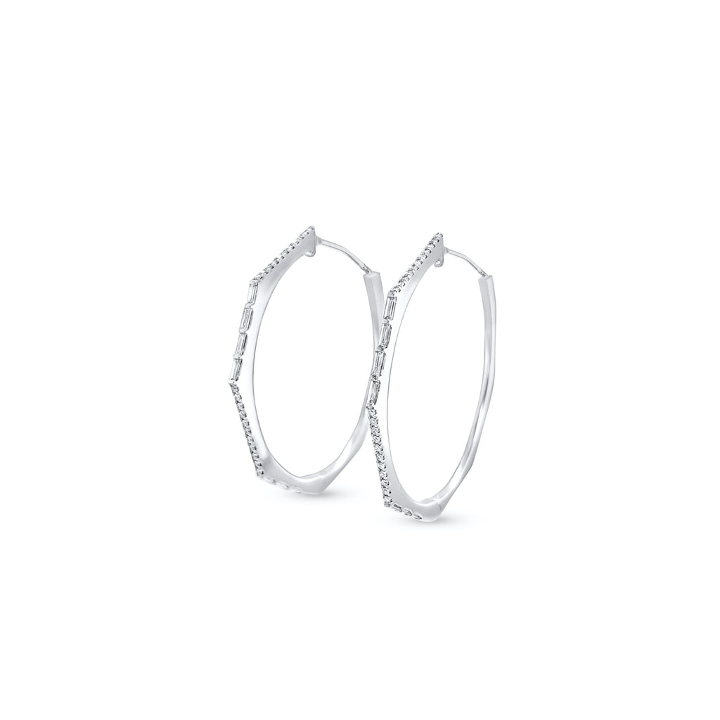 Round brilliant diamond hoop earrings, sparkling and elegant jewelry, baguette diamonds in hoops, glamorous and sophisticated earrings, fine craftsmanship in diamond hoop design.