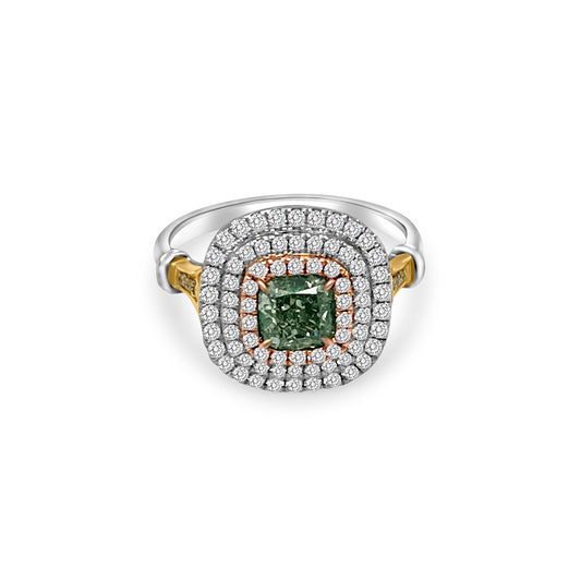 Green Cushion Triple Halo Diamond Ring