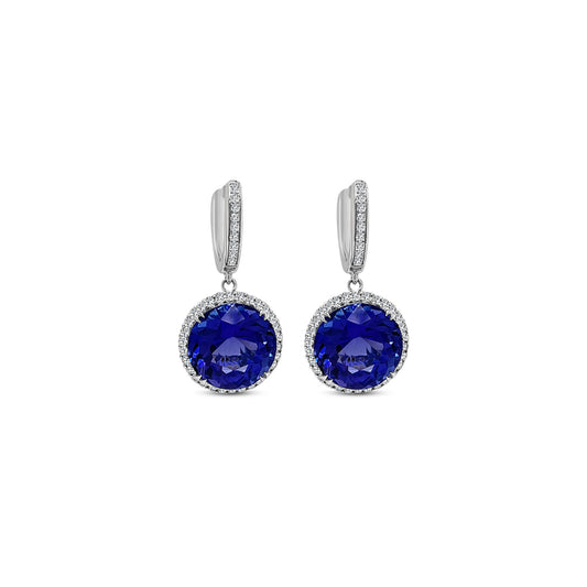 Main Image: "12.50ct Round Tanzanite & Diamond Halo Drop Earrings" Tanzanite Detail: "Captivating Round Tanzanite Gemstones" Diamond Halo: "Sparkling Diamond Halo Around Tanzanite" Earrings Profile: "Elegant Profile of Drop Earrings" Different Open Liners: "Earrings with Customizable Open Liners" Stylish Presentation: "Exquisite Presentation of Tanzanite & Diamond Earrings"