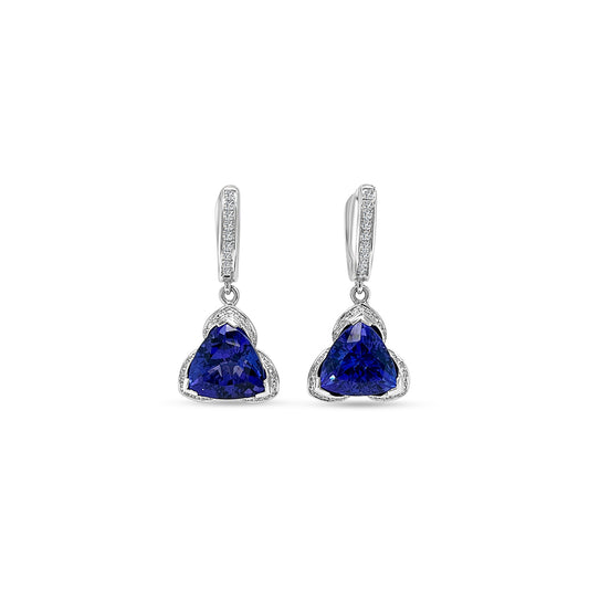 Main Image: "8.50ct Trillion Cut Tanzanite & Diamond Drop Earrings" Tanzanite Detail: "Trillion Cut Tanzanite Gemstone in Earrings" Diamond Halo: "Diamond Halo Accentuating Trillion Cut Tanzanite" Earrings Profile: "Drop Earrings with Different Open Liners" Customization Options: "Earrings with Customizable Liners for Personalization" Radiant Brilliance: "Elegant Tanzanite & Diamond Drop Earrings Presentation"  2 / 2