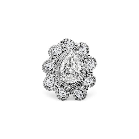 A, Multishape, Floral, Halo, Diamond, Ring, showcasing, various, shapes, including, round, pear, marquise, and, princess, cut, diamonds, set, within, a, delicate, floral, halo, design, crafted, in, luxurious, metal, for, an, exquisite, and, captivating, appearance.