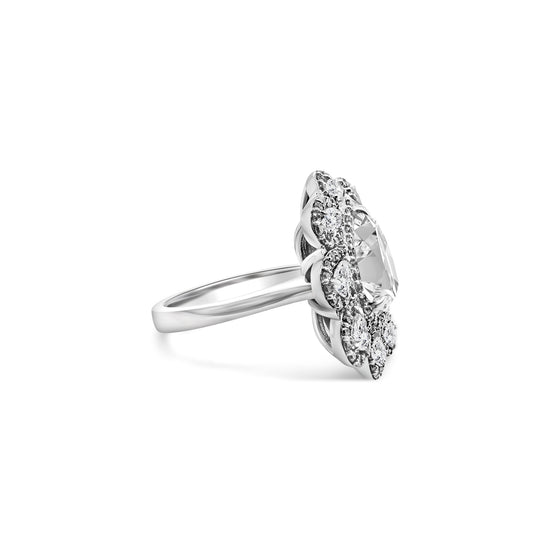 A, Multishape, Floral, Halo, Diamond, Ring, showcasing, various, shapes, including, round, pear, marquise, and, princess, cut, diamonds, set, within, a, delicate, floral, halo, design, crafted, in, luxurious, metal, for, an, exquisite, and, captivating, appearance.