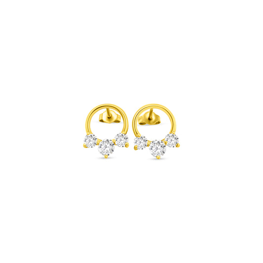 "Three stone round brilliant diamond earrings, sparkling diamond earrings, elegant diamond stud earrings."