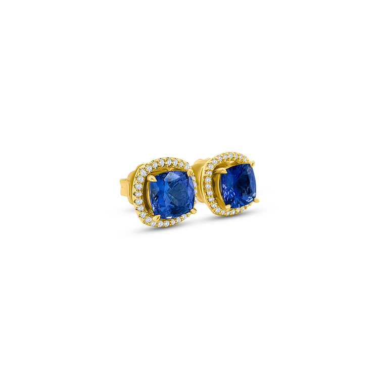 Tanzanite earrings, Diamond halo studs, Gemstone jewelry, Fine jewelry, Halo design, Precious stone earrings, Elegant studs, Blue gemstone earrings, Luxury accessories, Sparkling studs