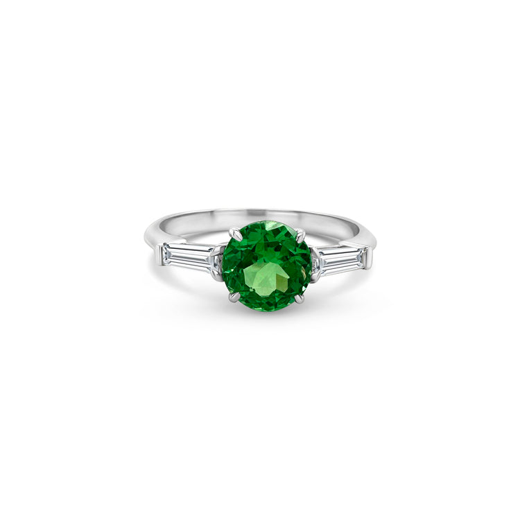 Round Tsavorite Trilogy Ring, Tapered Baguette Trilogy Ring, Green Gemstone Ring, Emerald Cut Side Stones, Three Stone Ring, Anniversary Ring, Fine Jewelry, Gemstone Engagement Ring, Precious Stone Ring, Elegant Jewelry