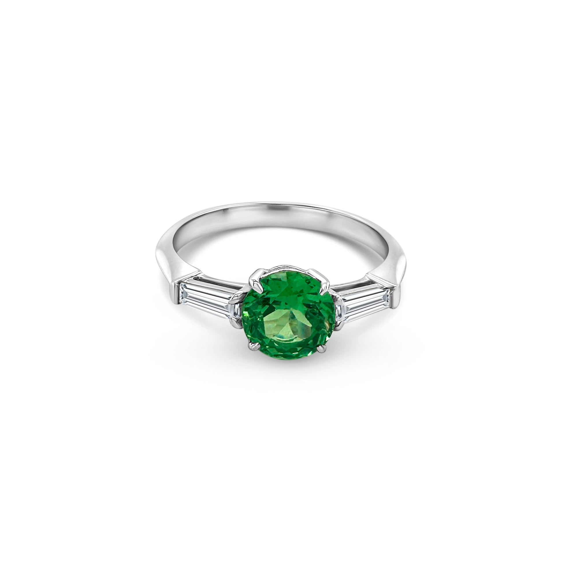 Round Tsavorite Trilogy Ring, Tapered Baguette Trilogy Ring, Green Gemstone Ring, Emerald Cut Side Stones, Three Stone Ring, Anniversary Ring, Fine Jewelry, Gemstone Engagement Ring, Precious Stone Ring, Elegant Jewelry