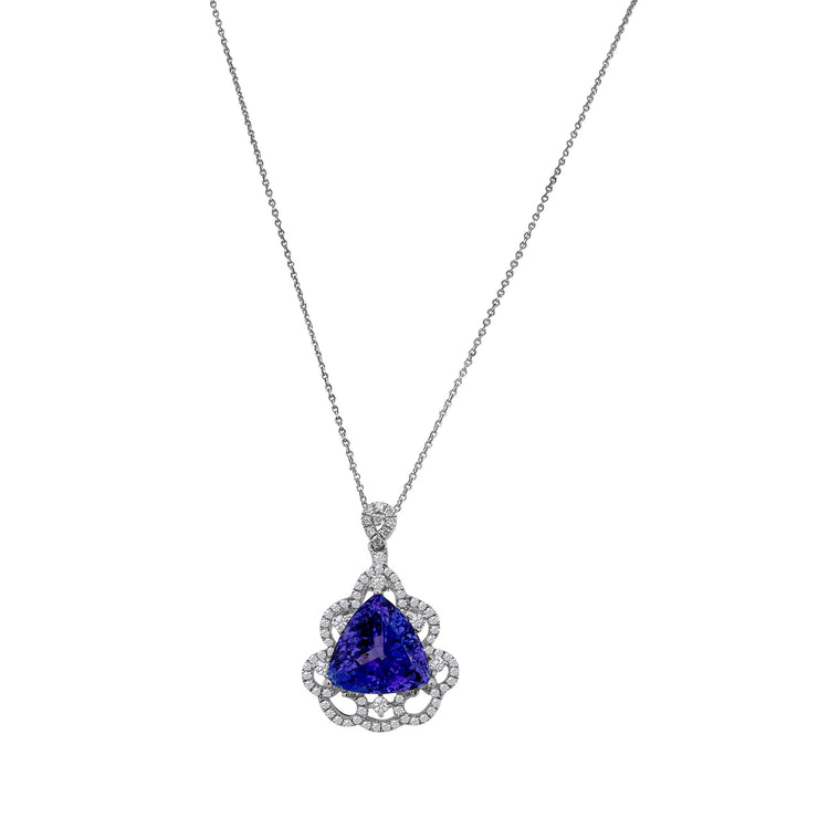 Trillion Tanzanite & Diamond Halo Pendant, Tanzanite pendant, Diamond pendant, Trillion pendant, Halo pendant, Tanzanite and diamond pendant, Trillion tanzanite pendant, Diamond halo pendant.