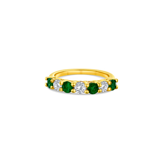 Emerald, diamond, half eternity band, jewelry, precious stones, anniversary ring, wedding band, green gemstones, brilliant cut diamonds, luxury accessories.