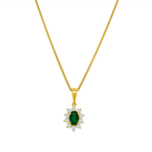 Oval emerald pendant, emerald jewelry, halo diamond necklace, diamond pendant, gemstone necklace, luxurious jewelry, fine jewelry, elegant accessory, statement piece, emerald and diamond pendant, sophisticated design.