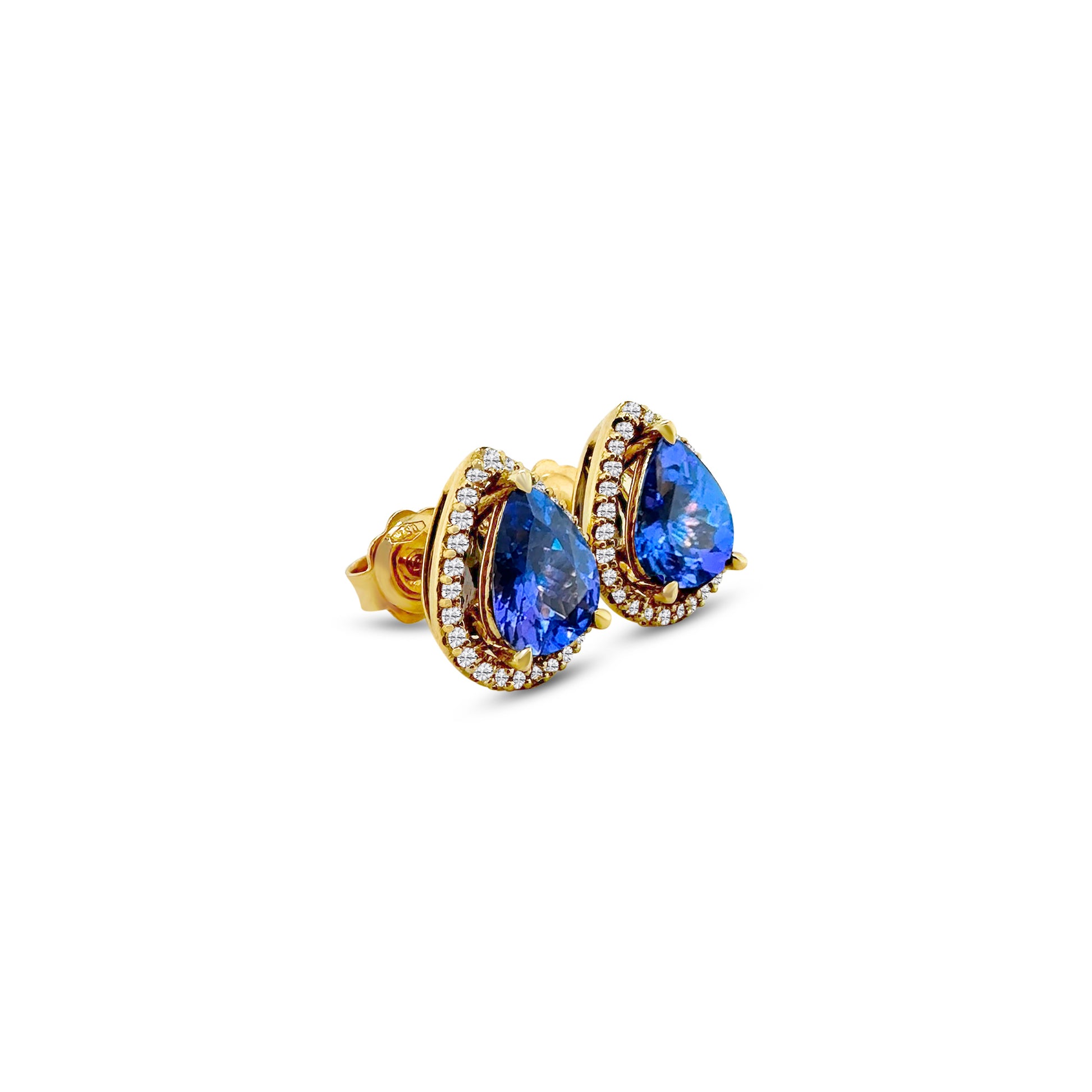 "pear-shaped tanzanite earrings, diamond halo studs, fine jewelry, gemstone studs, elegant accessories, luxury earrings, precious stones, halo setting, pear-cut gems, sparkling diamonds, glamorous earrings, statement jewelry"