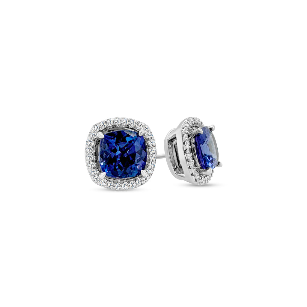 Cushion Tanzanite Earrings, Diamond Halo Earrings, Stud Earrings, Gemstone Earrings, Precious Stone Earrings, Elegant Jewelry, Blue Gemstone Earrings, Halo Design Earrings, Sparkling Diamond Earrings, Luxury Studs."