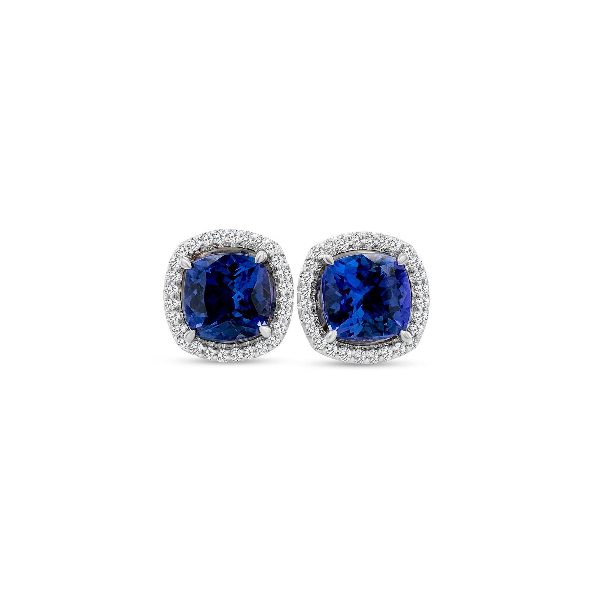 Cushion Tanzanite Earrings, Diamond Halo Earrings, Stud Earrings, Gemstone Earrings, Precious Stone Earrings, Elegant Jewelry, Blue Gemstone Earrings, Halo Design Earrings, Sparkling Diamond Earrings, Luxury Studs."