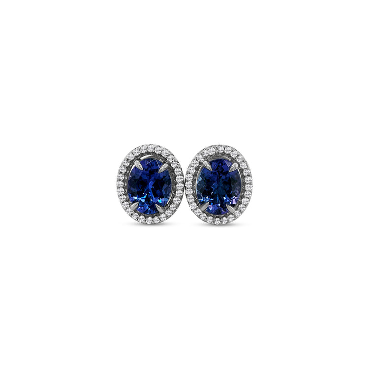 Oval Tanzanite & Diamond Halo Stud Earrings, Oval Tanzanite Earrings, Diamond Halo Studs, Tanzanite and Diamond Earrings, Halo Stud Earrings, Oval Stud Earrings, Gemstone Stud Earrings, Tanzanite Jewelry, Diamond Halo Jewelry, Fine Jewelry