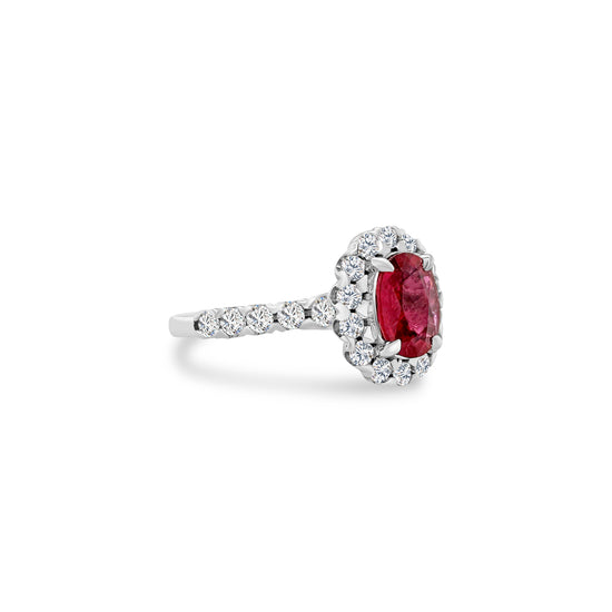 Oval Ruby Halo Ring," "Ruby and Diamond Halo Ring," "Oval Ruby Engagement Ring," "Halo Setting Ruby Ring," "Ruby Center Stone Ring," "Diamond Accented Ruby Ring," "Gemstone Halo Ring," "Elegant Ruby and Diamond Ring," "Oval Cut Ruby Engagement Ring," "Luxurious Ruby Halo Jewelry