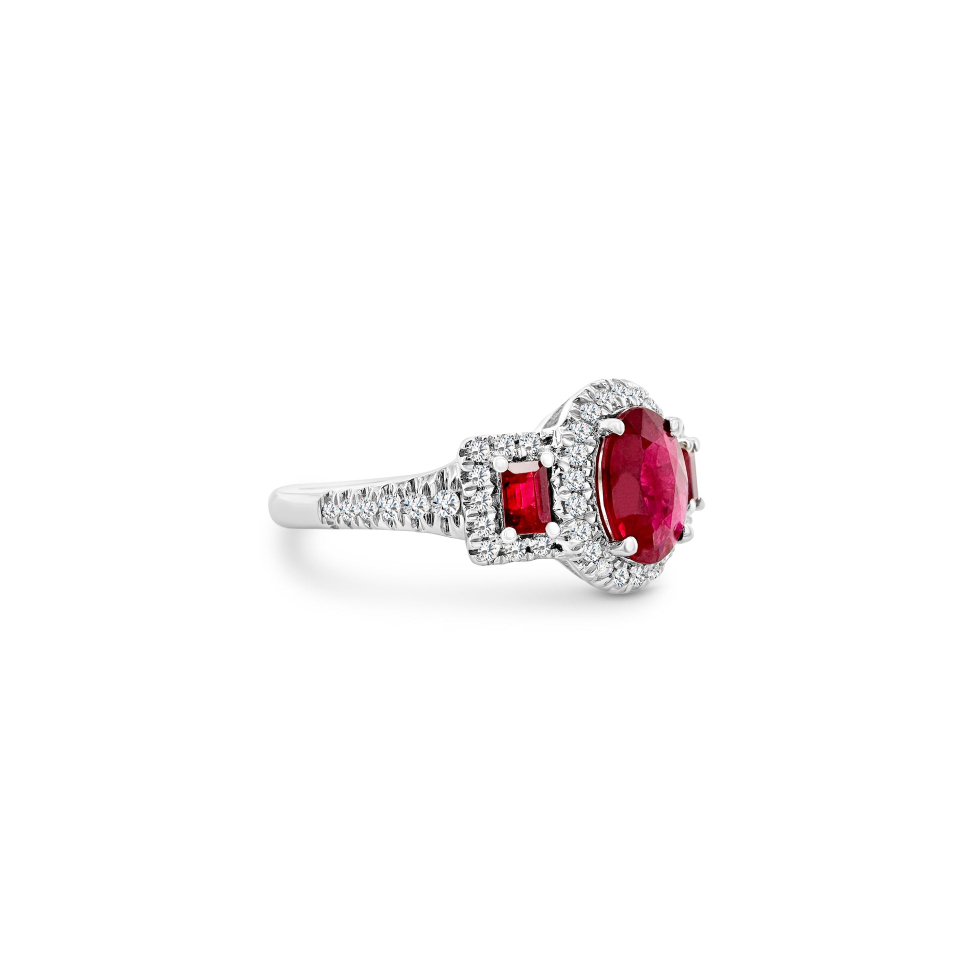 "Ruby & Diamond Trilogy Halo Ring, exquisite ruby ring, stunning diamond ring, elegant halo ring, luxurious gemstone ring, statement jewelry piece, breathtaking ruby and diamond ring, dazzling gemstone halo ring, fine jewelry masterpiece, exquisite ruby and diamond jewelry, high-quality gemstone ring"