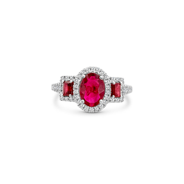 "Ruby & Diamond Trilogy Halo Ring, exquisite ruby ring, stunning diamond ring, elegant halo ring, luxurious gemstone ring, statement jewelry piece, breathtaking ruby and diamond ring, dazzling gemstone halo ring, fine jewelry masterpiece, exquisite ruby and diamond jewelry, high-quality gemstone ring"