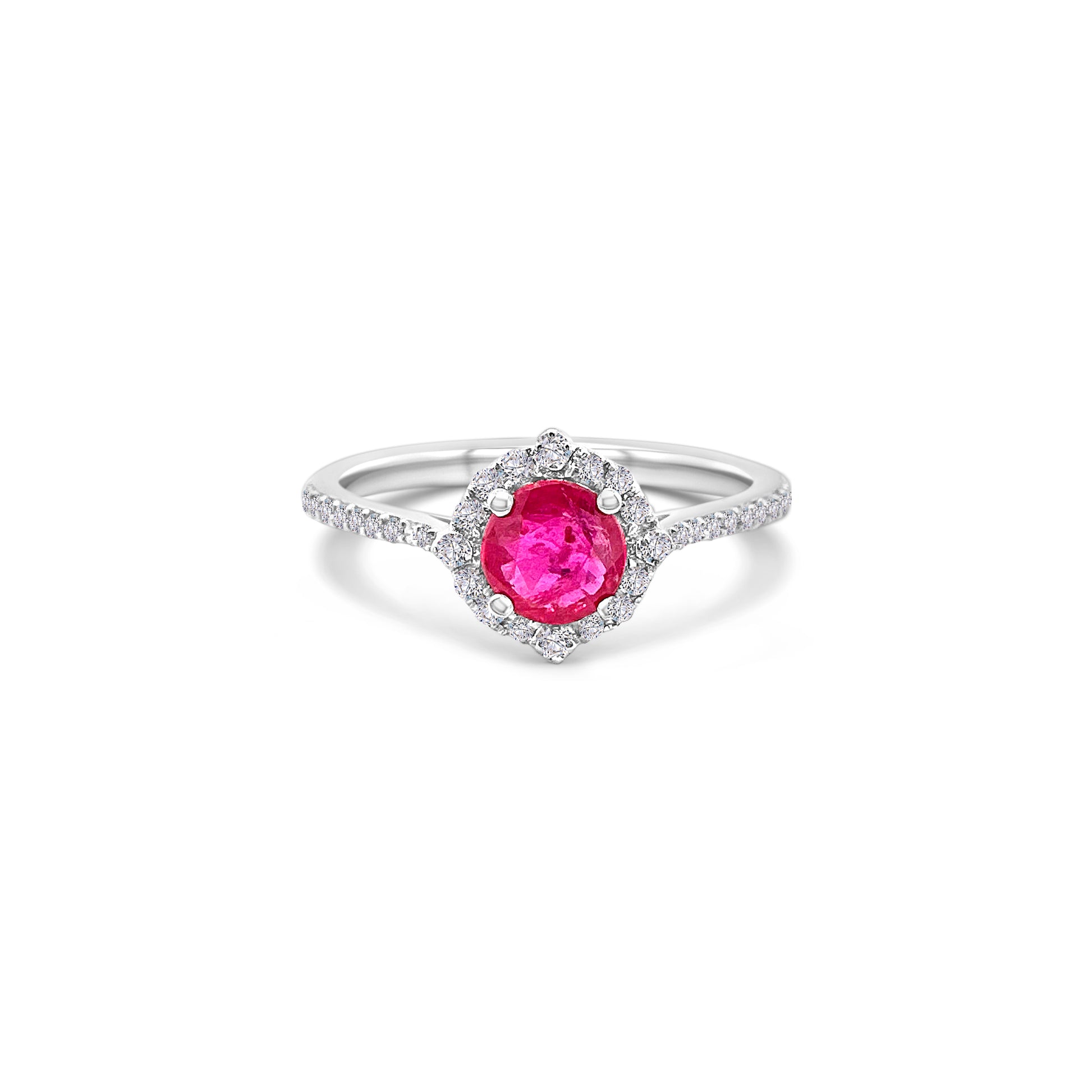 "Round Ruby & Diamond Halo Ring, Round Ruby Ring, Diamond Halo Ring, Gemstone Ring, Jewelry, Fashion Accessory, Red Gemstone Ring, Halo Engagement Ring, Round Cut Ruby Ring, Brilliant Diamond Ring"