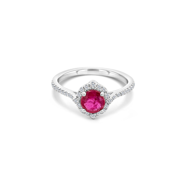 "Round Ruby & Diamond Halo Ring, Round Ruby Ring, Diamond Halo Ring, Gemstone Ring, Jewelry, Fashion Accessory, Red Gemstone Ring, Halo Engagement Ring, Round Cut Ruby Ring, Brilliant Diamond Ring"