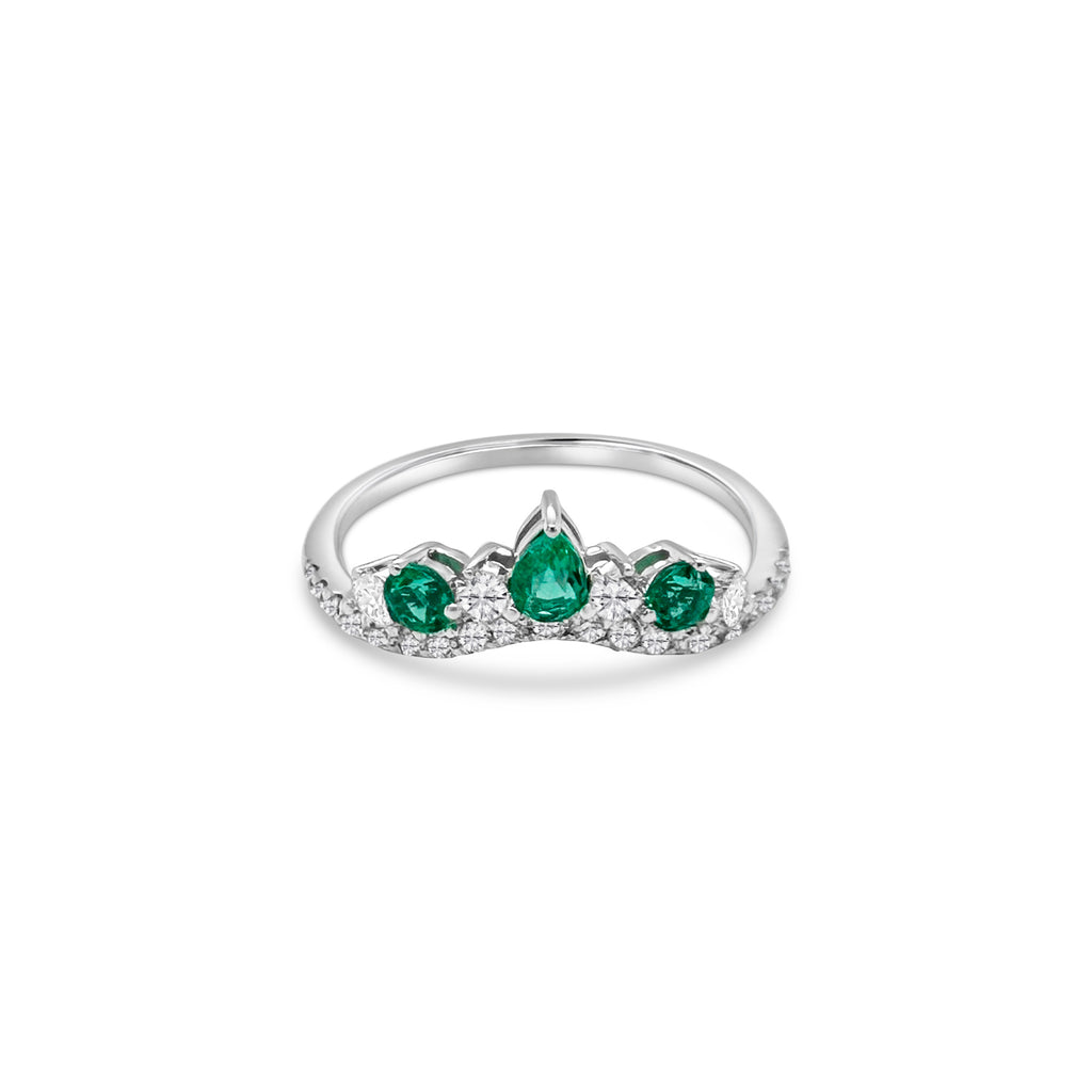 A stunning Pear & Round Emerald & Diamond Halo Ring, featuring exquisite emeralds and dazzling diamonds, perfect for special occasions or everyday elegance