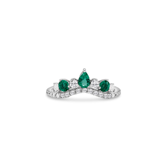 A stunning Pear & Round Emerald & Diamond Halo Ring, featuring exquisite emeralds and dazzling diamonds, perfect for special occasions or everyday elegance