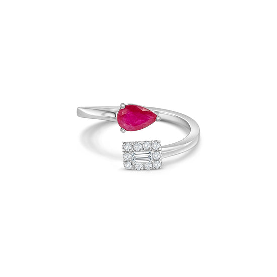 "pear shape ruby ring, diamond ring, gemstone jewelry, red gemstone ring, luxury jewelry, statement ring, precious stone ring, anniversary gift, engagement ring, fine jewelry, unique design, cocktail ring, pear cut gemstone, elegant accessory"