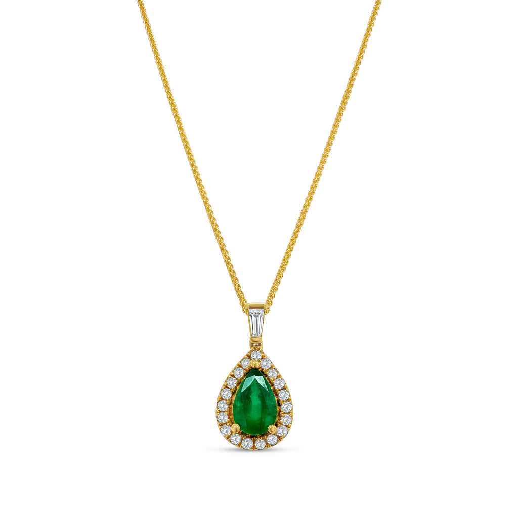 Emerald pendant, Halo diamond pendant, Pear shape jewelry, Gemstone pendant, Jewelry with diamonds, Elegant necklace, Green gemstone pendant, Luxury accessory, Statement jewelry, Sparkling pendant