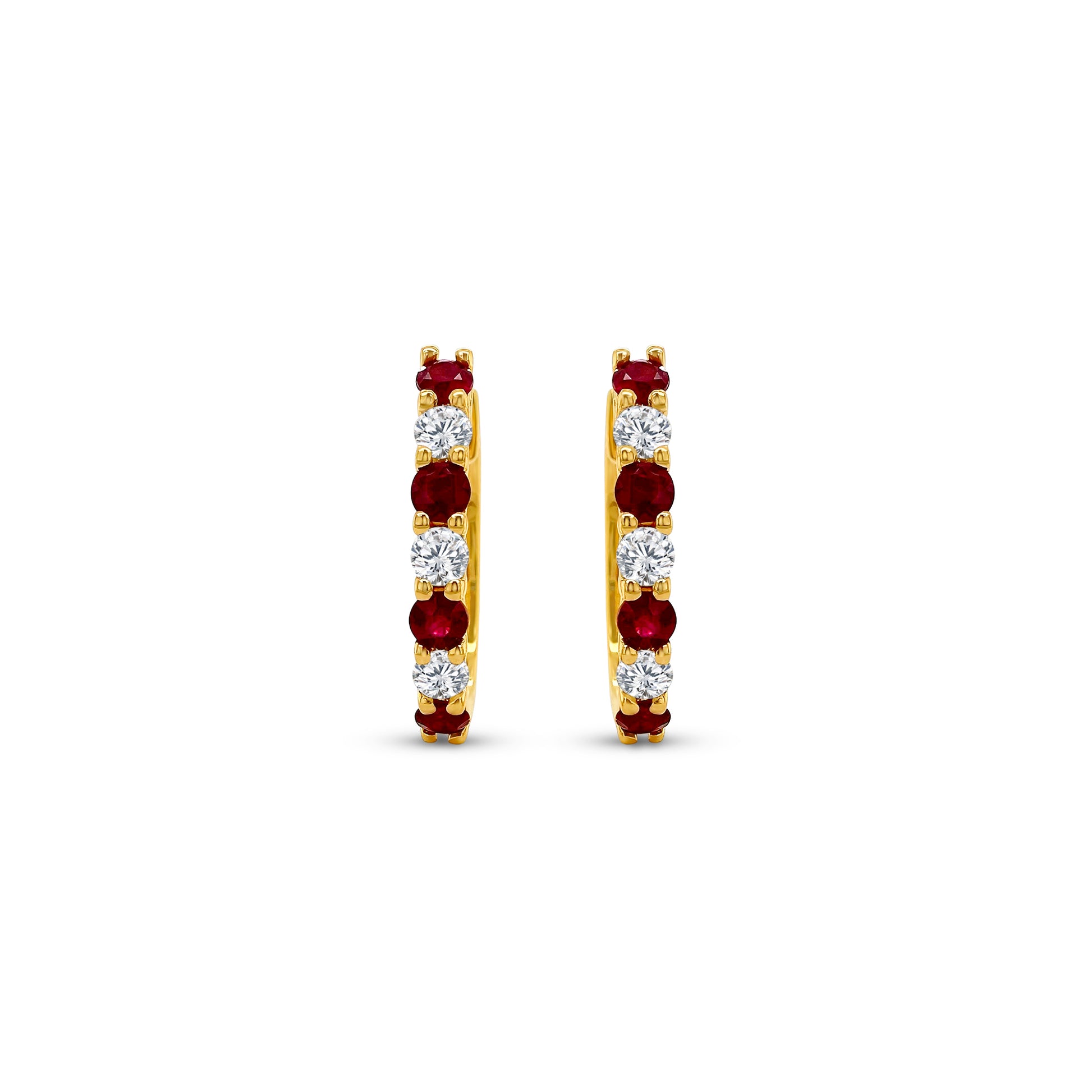 "Round Ruby Earrings, Diamond Huggy Earrings, Red Gemstone Jewelry, Sparkling Diamond Accents, Elegant Earrings, Fashion Accessories, Luxury Jewelry, Fine Jewelry, Glamorous Earrings, Statement Earrings, Precious Gemstone Earrings, Stylish Accessories, High-Quality Jewelry, Classy Earrings, Stunning Ruby and Diamond Earrings"