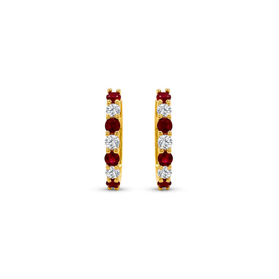 "Round Ruby Earrings, Diamond Huggy Earrings, Red Gemstone Jewelry, Sparkling Diamond Accents, Elegant Earrings, Fashion Accessories, Luxury Jewelry, Fine Jewelry, Glamorous Earrings, Statement Earrings, Precious Gemstone Earrings, Stylish Accessories, High-Quality Jewelry, Classy Earrings, Stunning Ruby and Diamond Earrings"