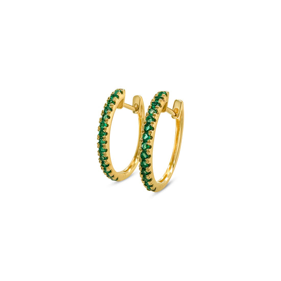 "Round emerald huggy earrings, emerald earrings, round earrings, huggy earrings, green earrings, elegant earrings, jewelry, fashion accessories, precious stones, hoop earrings."