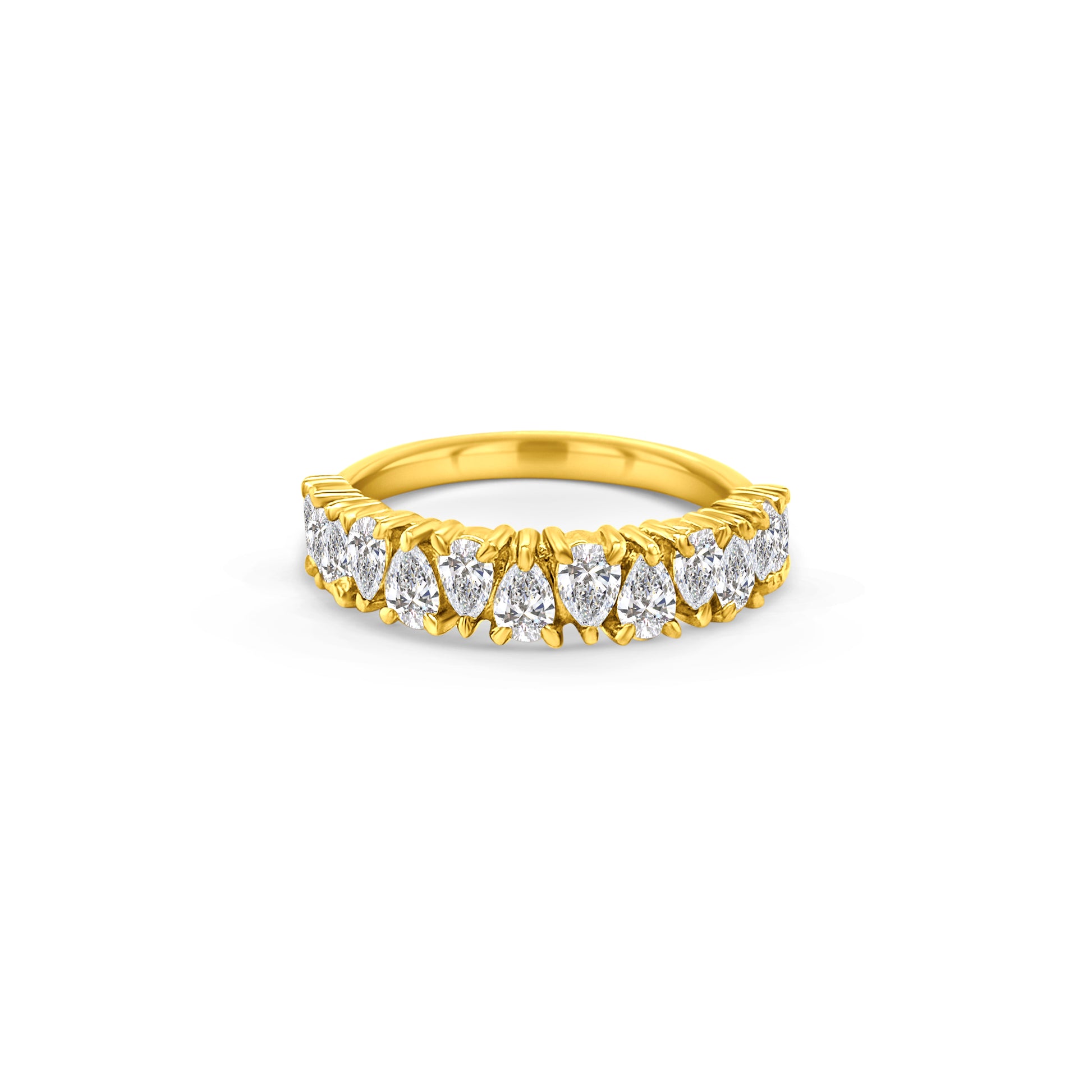 A pear-shaped half eternity diamond ring, perfect for adding elegance to any ensemble. Featuring shimmering diamonds set along the band, this ring exudes timeless charm and sophistication. Ideal for both everyday wear and special occasions, it effortlessly captures the essence of everlasting love and style.