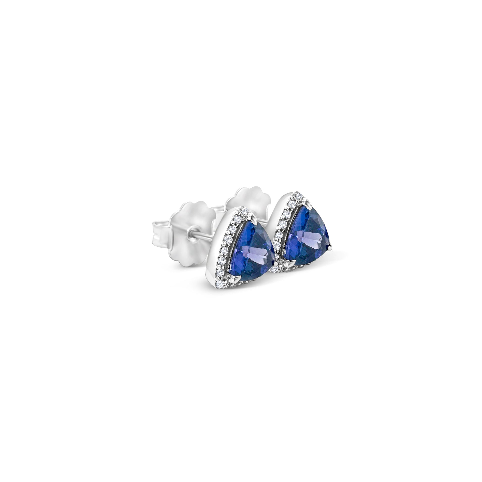 Trillion cut tanzanite earrings, halo stud earrings, trillion tanzanite studs, elegant tanzanite jewelry, luxurious halo earrings, trillion gemstone studs, exquisite tanzanite studs, stunning halo earrings.