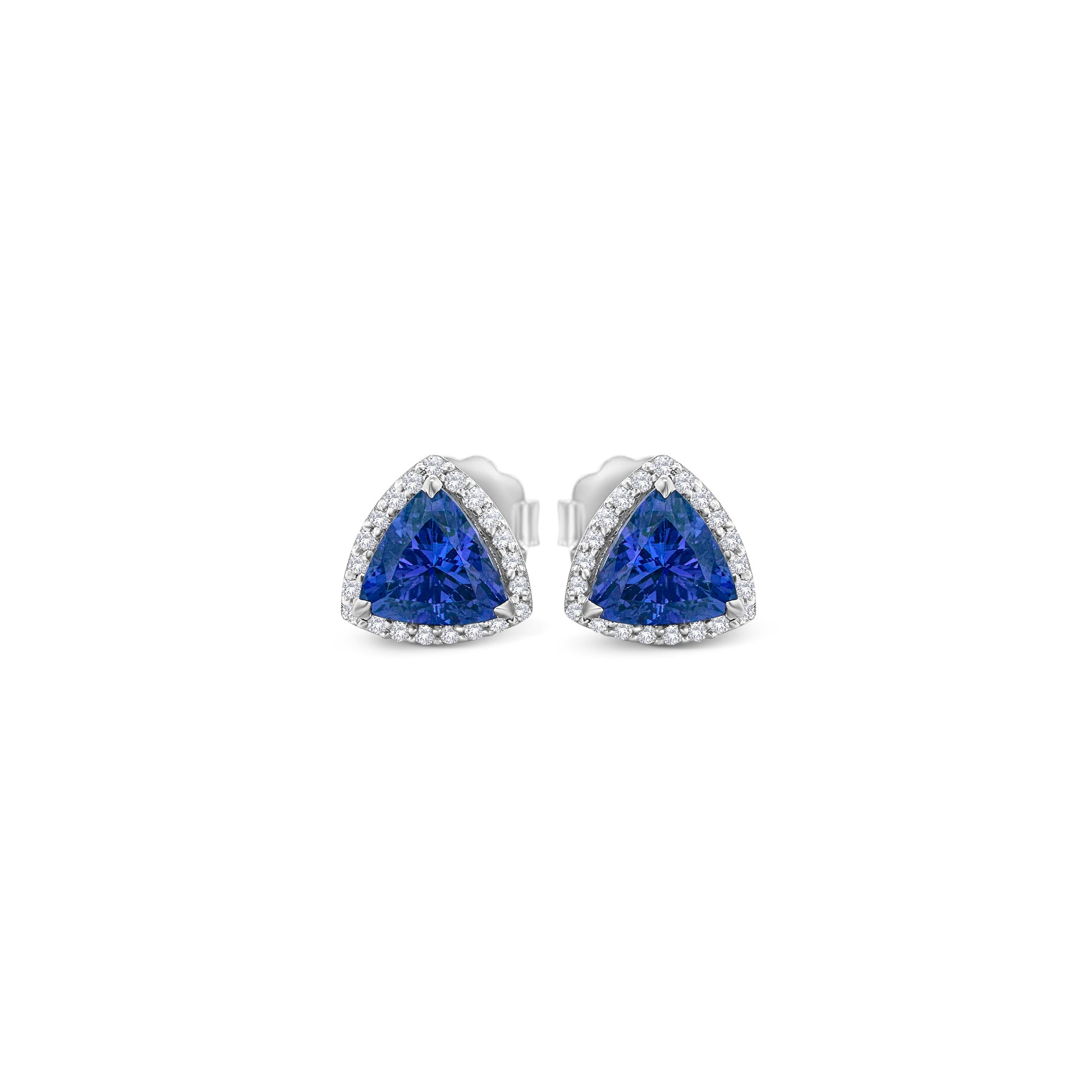 Trillion cut tanzanite earrings, halo stud earrings, trillion tanzanite studs, elegant tanzanite jewelry, luxurious halo earrings, trillion gemstone studs, exquisite tanzanite studs, stunning halo earrings.