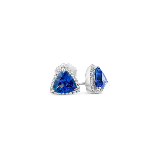 Trillion cut tanzanite earrings, halo stud earrings, trillion tanzanite studs, elegant tanzanite jewelry, luxurious halo earrings, trillion gemstone studs, exquisite tanzanite studs, stunning halo earrings.