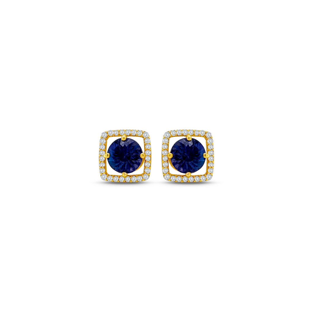 Round Tanzanite & Diamond Halo Stud Earrings" Tanzanite Detail: "Vibrant Round Tanzanite Gemstone" Diamond Halo: "Halo of Diamonds Surrounding Tanzanite" Earring Set: "Elegant Set of Tanzanite & Diamond Stud Earrings" Liner Options: "Earrings with Different Open Liners for Customization" Radiant Beauty: "Sparkling Tanzanite & Diamond Halo Stud Earrings"