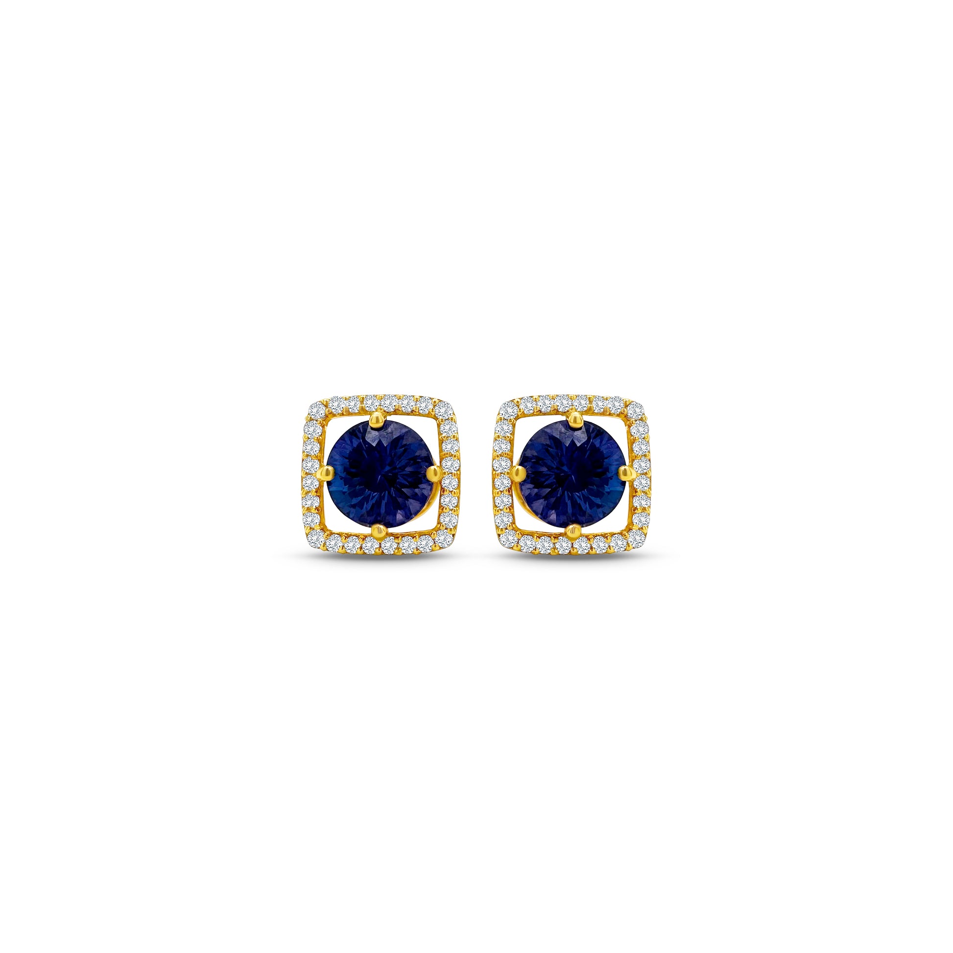 Round Tanzanite & Diamond Halo Stud Earrings" Tanzanite Detail: "Vibrant Round Tanzanite Gemstone" Diamond Halo: "Halo of Diamonds Surrounding Tanzanite" Earring Set: "Elegant Set of Tanzanite & Diamond Stud Earrings" Liner Options: "Earrings with Different Open Liners for Customization" Radiant Beauty: "Sparkling Tanzanite & Diamond Halo Stud Earrings"