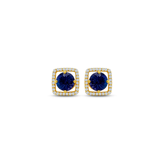 Round Tanzanite & Diamond Halo Stud Earrings" Tanzanite Detail: "Vibrant Round Tanzanite Gemstone" Diamond Halo: "Halo of Diamonds Surrounding Tanzanite" Earring Set: "Elegant Set of Tanzanite & Diamond Stud Earrings" Liner Options: "Earrings with Different Open Liners for Customization" Radiant Beauty: "Sparkling Tanzanite & Diamond Halo Stud Earrings"